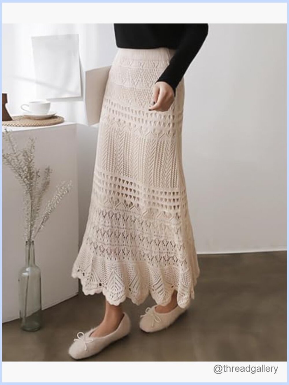 Crochet Knitted High Waist Hollow Out Lined Flowy Lace Maxi Skirt - Picture 3 of 7